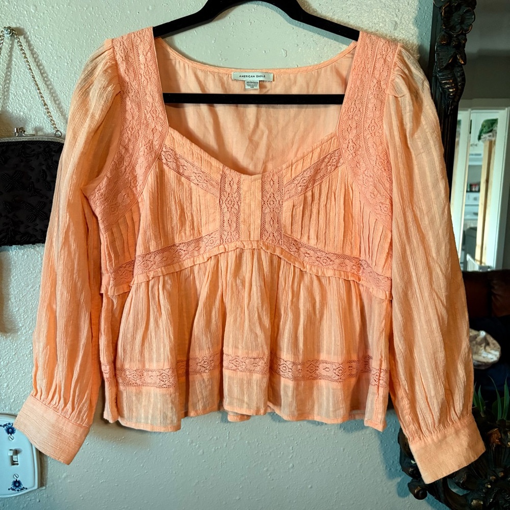 American Eagle Peach Boho Lace Blouse XS